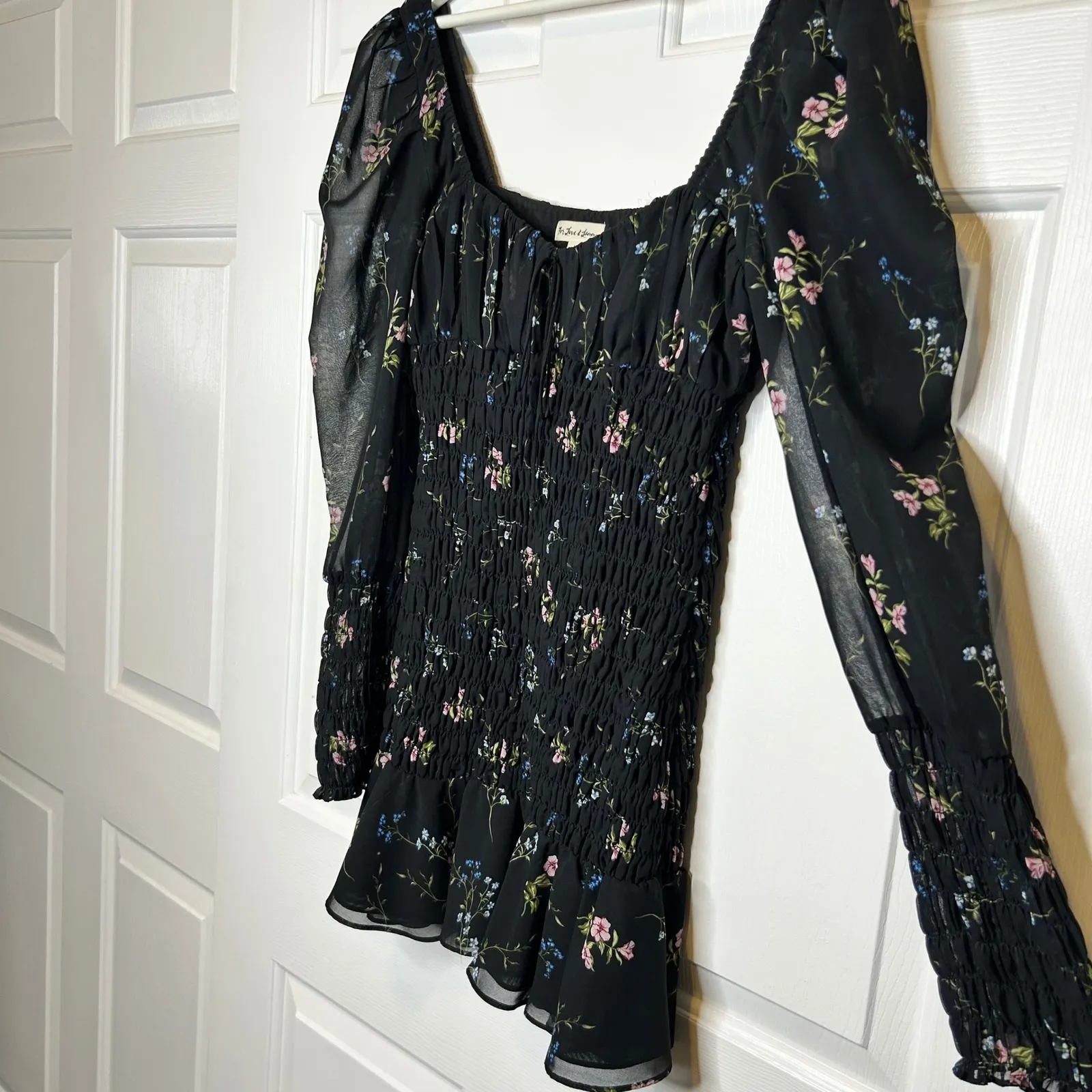 For Love &‎ Lemons Dixon Black Floral Mini Dress Smocked M Size M - Image 3