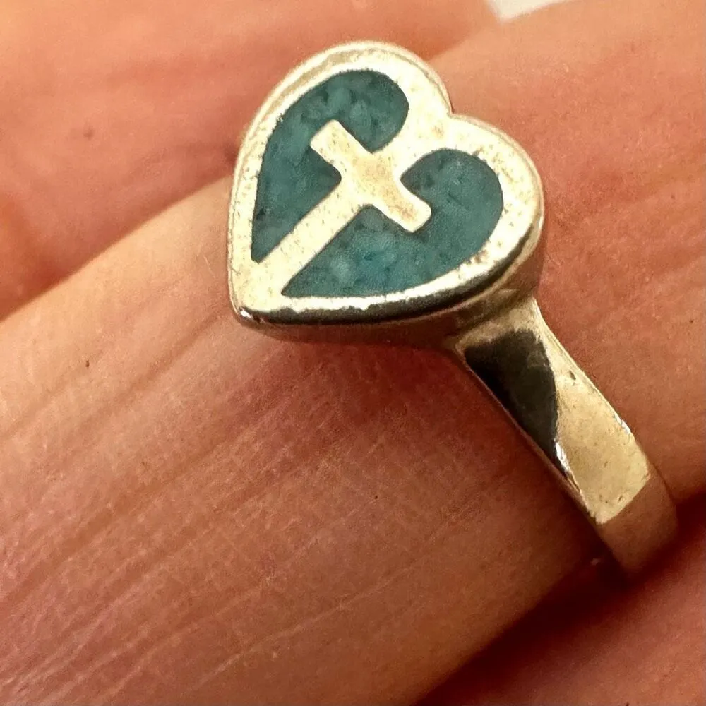 Turquoise Silver tone heart cross ring Blue - Image 3