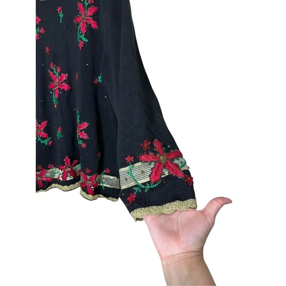 Vintage Ugly Christmas Sweater Designers Originals Studio Poinsettas L Black Size L - Image 2