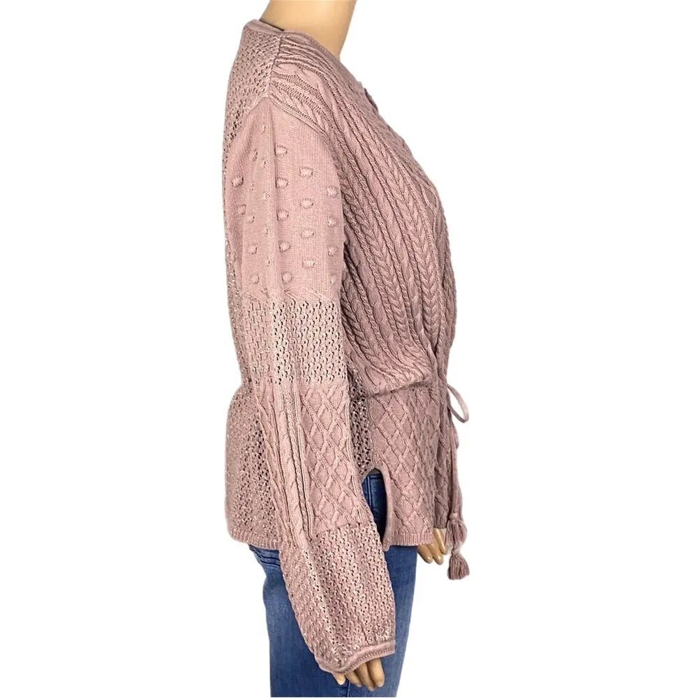 LUCKY BRAND Blush Pink cable/mixed knit cardigan with built-in belt Size XL EUC - Image 4