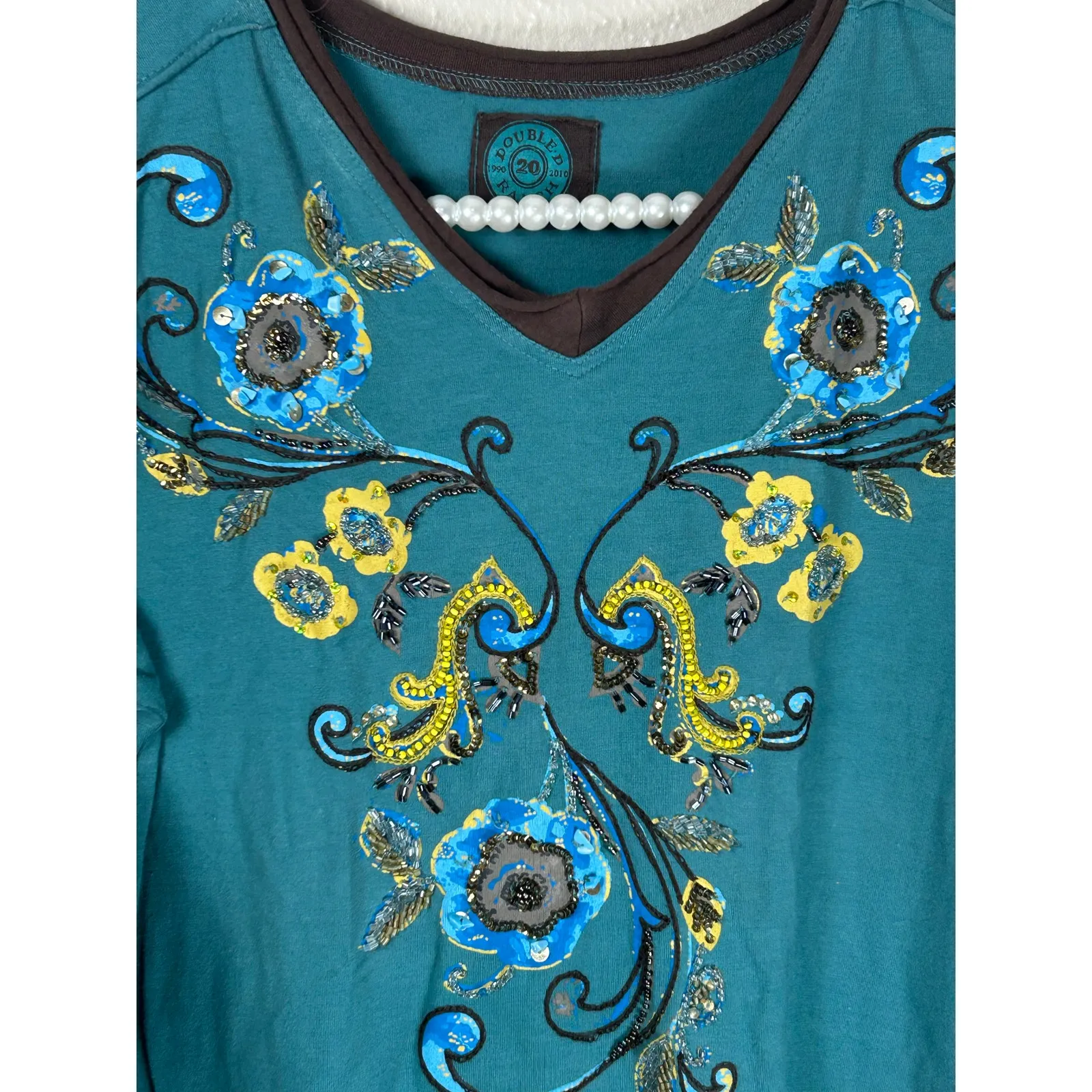 Double D Ranch Dress Size XS Western Boho Beaded Long Sleeve Cowgirl TINY FLAW Blue - Image 4