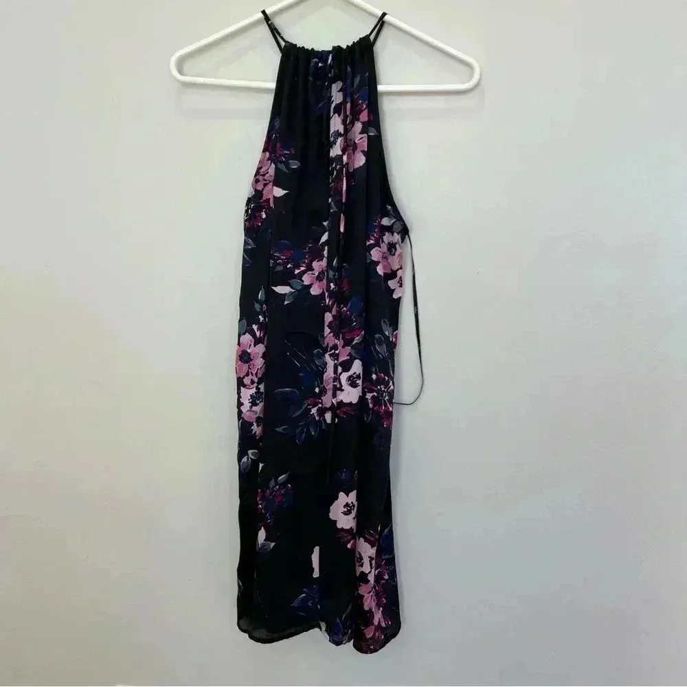 LuLus Filled With Love Black Satin Floral Print Halter Swing Dress S - Image 4