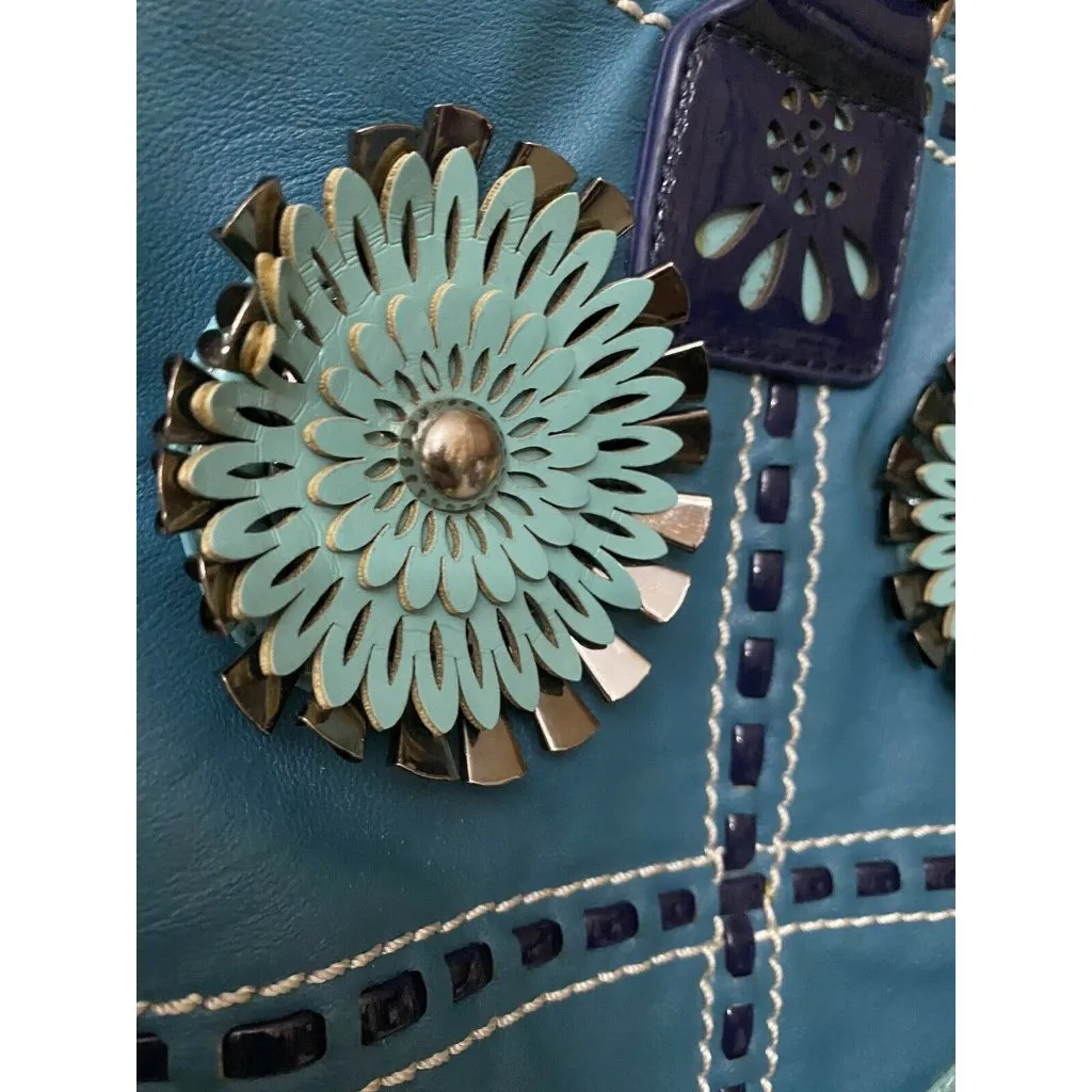 Nicole Lee Handbag Purse Bag Blue Teal 3D Flower Design Detailed Tote - Image 10