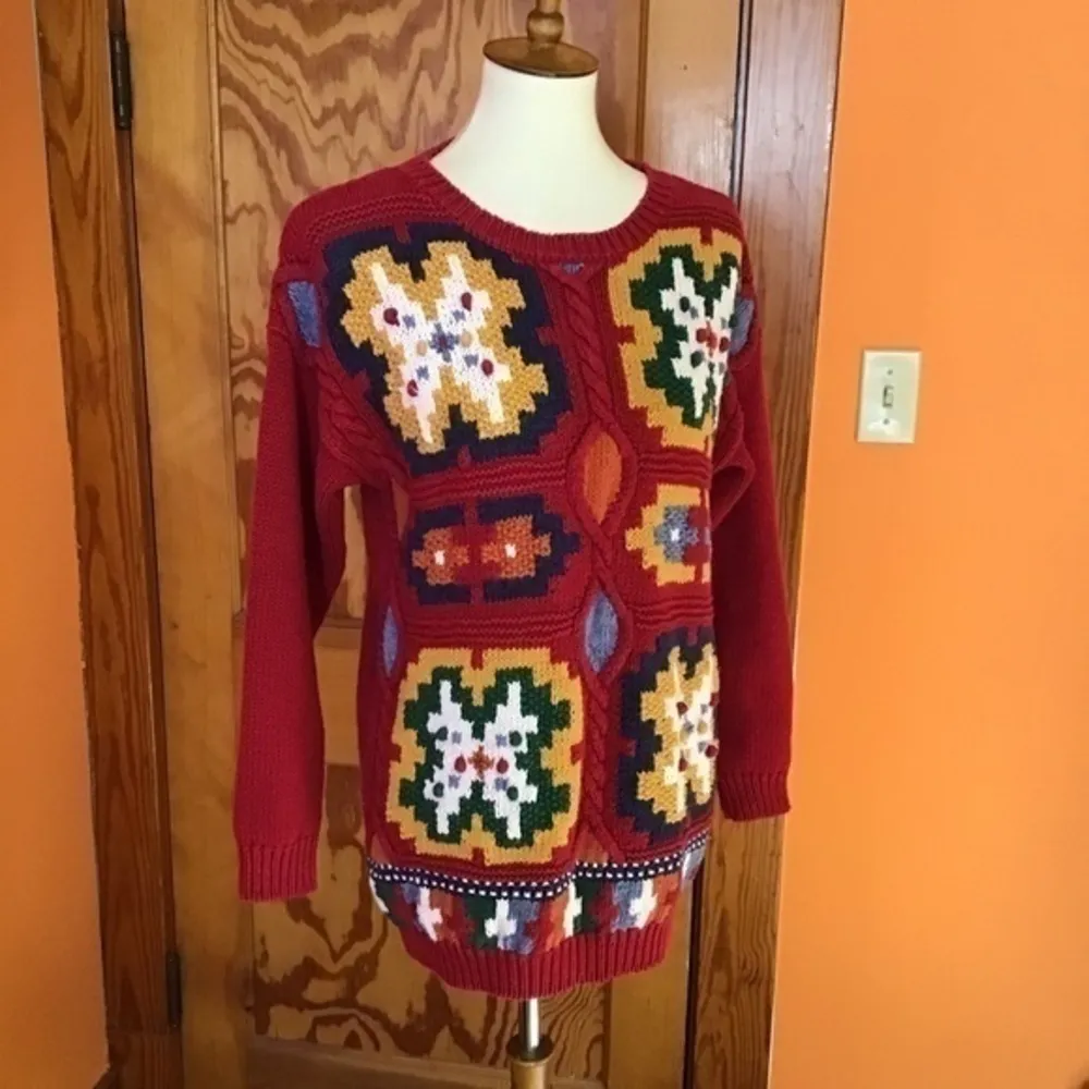 Vintage 80s bright colorful artistic sweater Red - Image 7