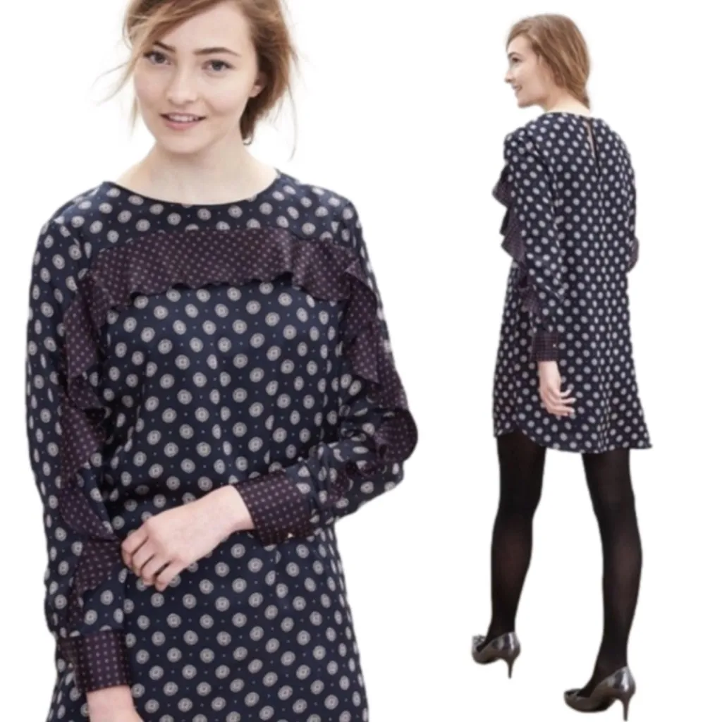 Banana Republic SILK‎ Foulard Ruffle Blue Dress Long Sleeve Gold Stud Buttons 4 - Image 2