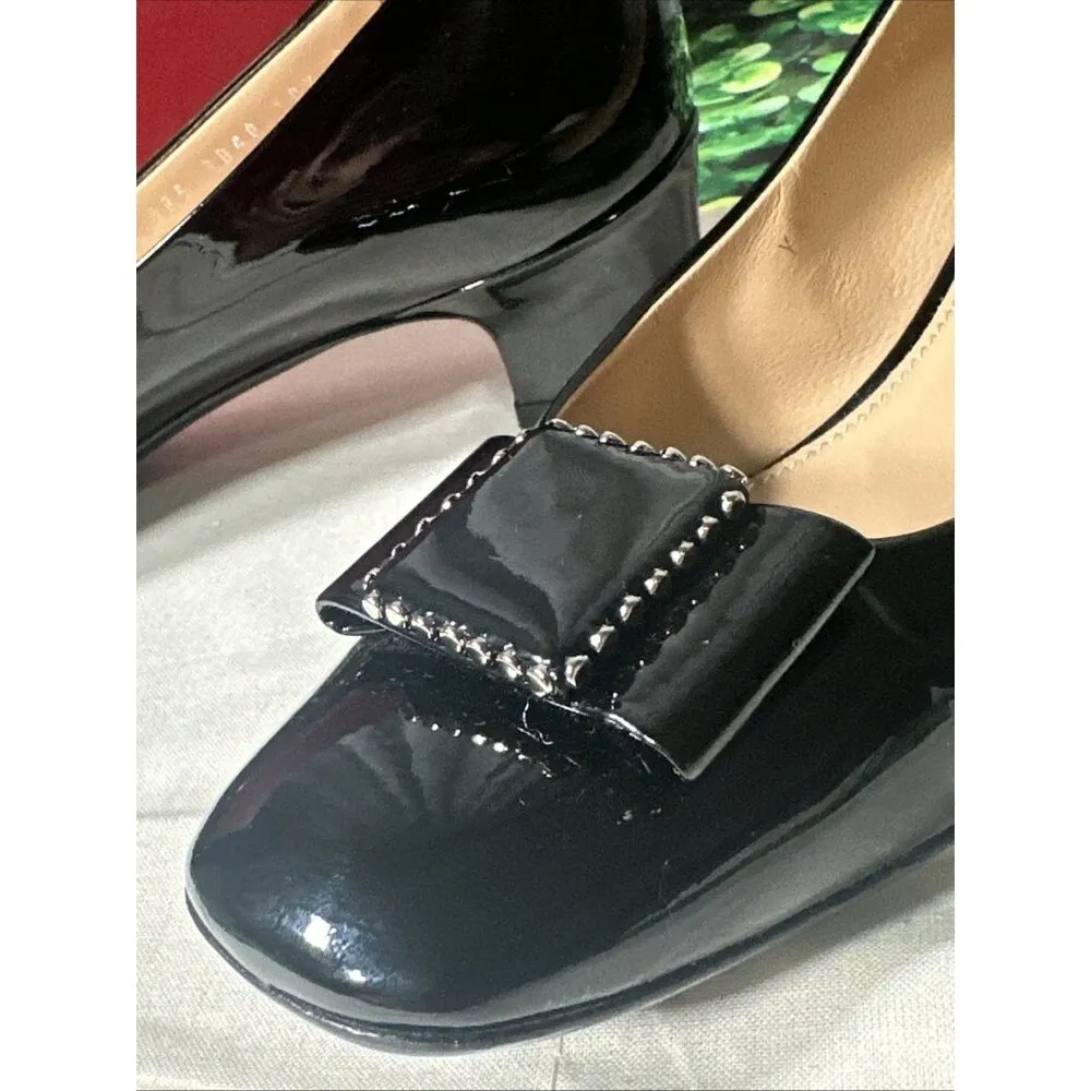 Salvatore Ferragamo Black Patent Leather Chunky Kitten Heels Pumps size 10 AA - Image 13