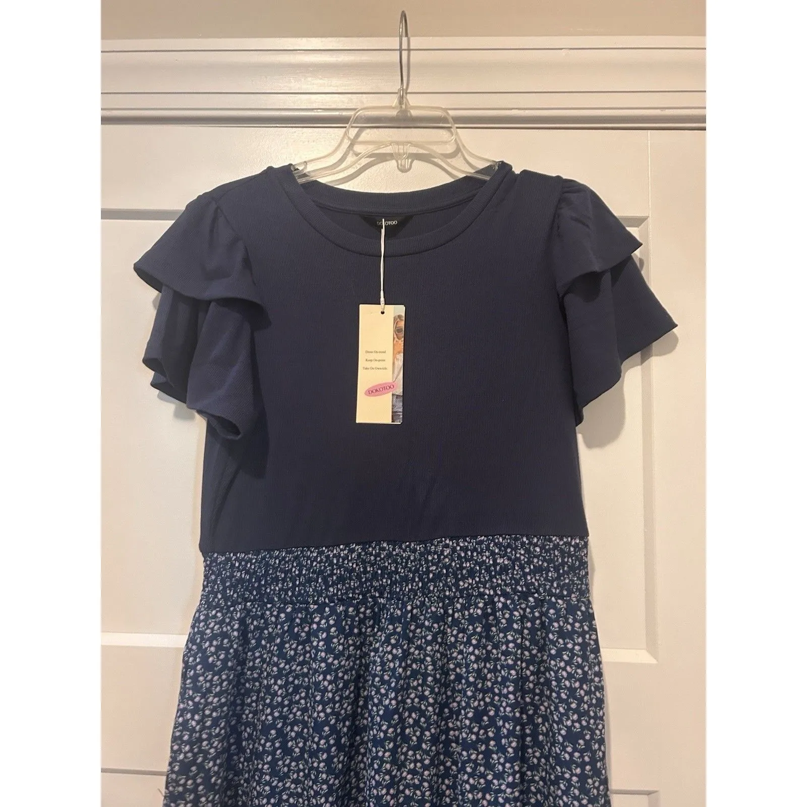 Women's Size Large Blue Maxi Dress Knit Top Woven Floral Bottom Cottage Modest - Image 5