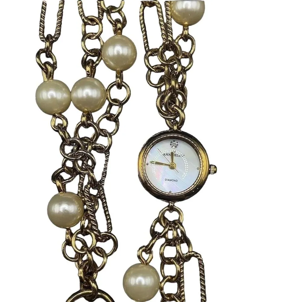 Anne Klein Women's Chunky  Bracelet Watch Gold Faux Pearl Wrap Bracelet - Image 5