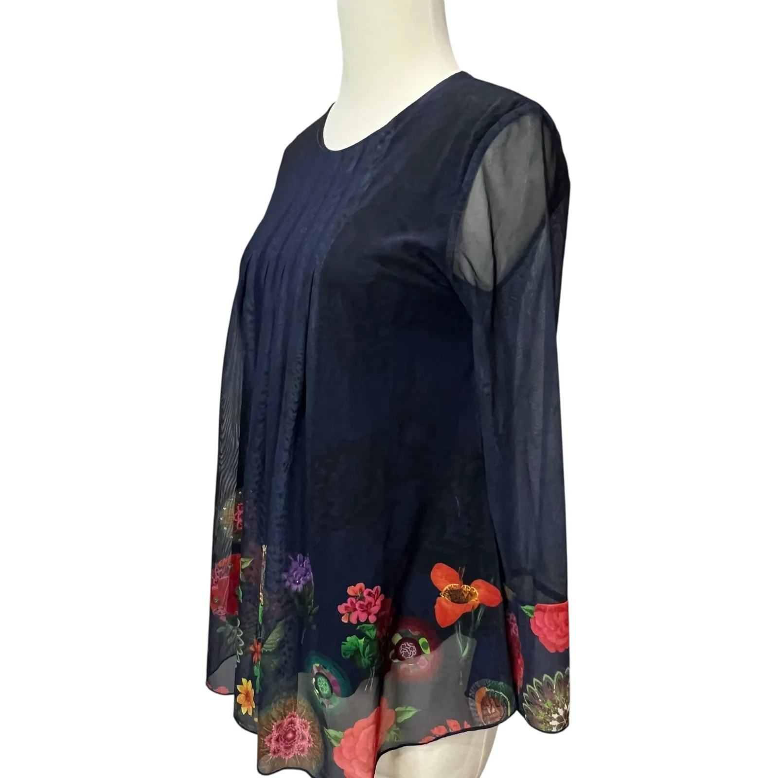Desigual Rachel Shirt Blouse Women S Dark Blue Mesh Floral Dark Fairy Whimsygoth - Image 4