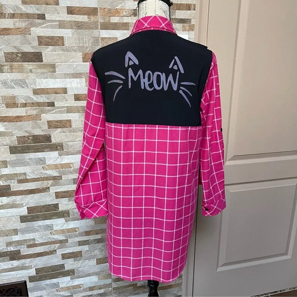 PUANLI Women's pink window pain plaid button down shirt tunic cat graphic XL - Image 7