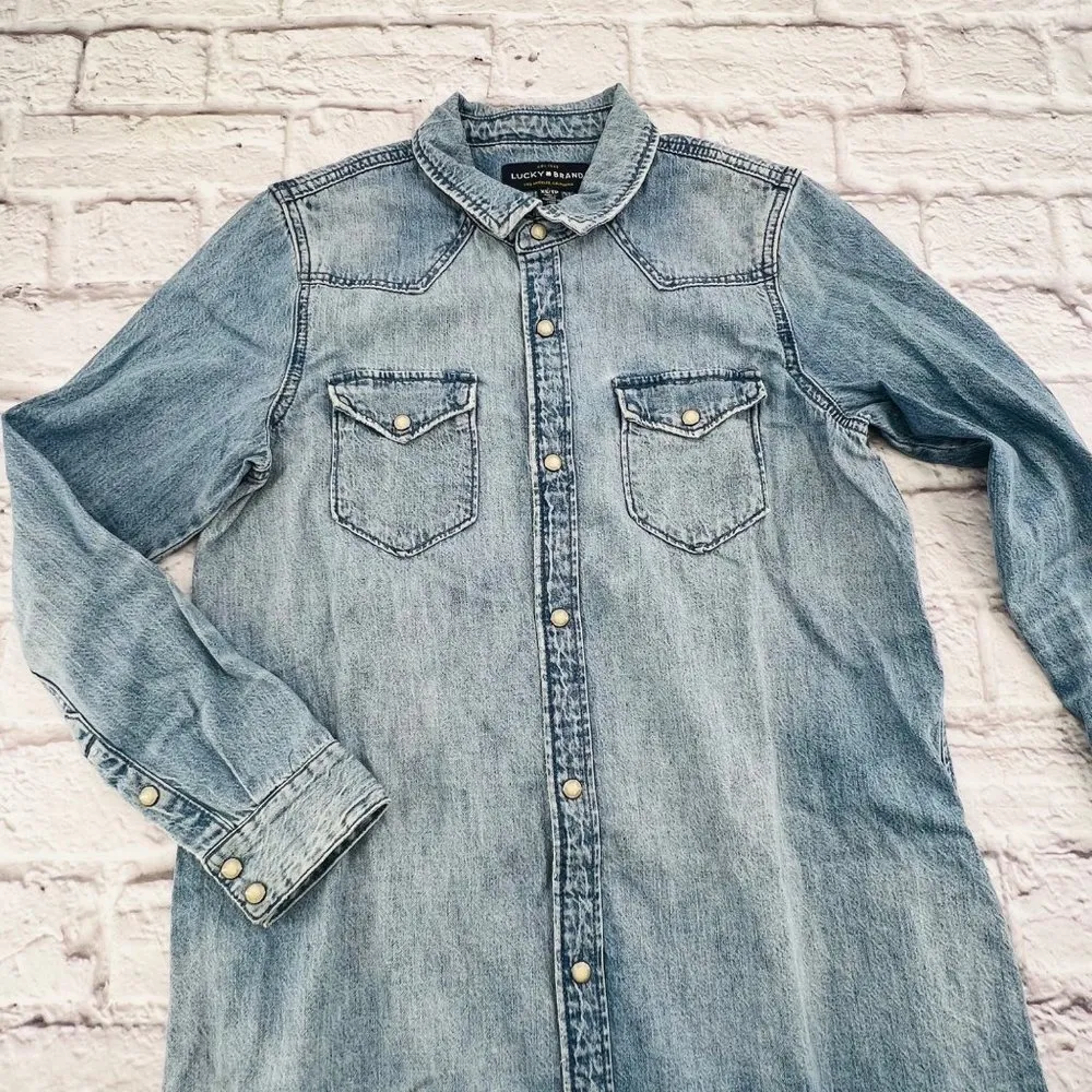 Lucky Brand  Dress XS Light Wash Pear Snap Button Down Frayed Hem Western Denim - Image 2