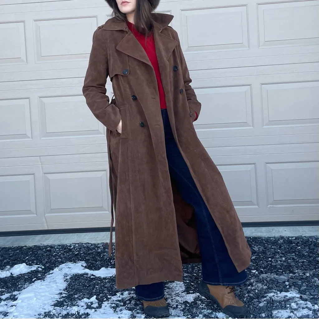 Avec Les Filles Chic Chocolate Brown Vegan Suede Long Trench Coat Small - Image 3