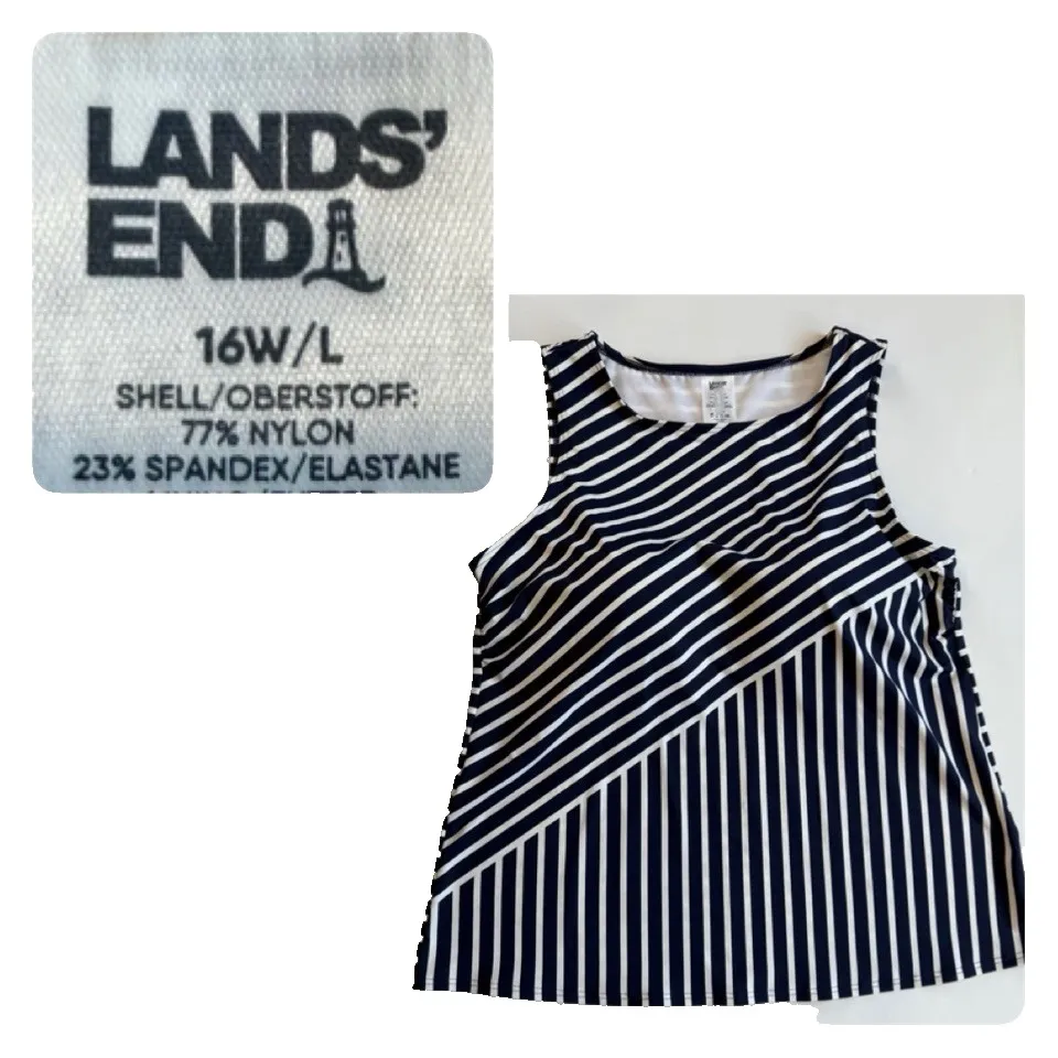 Lands End Tankini Swimsuit Top Women 16W 1X Navy White Striped High Neck Modest - Image 2