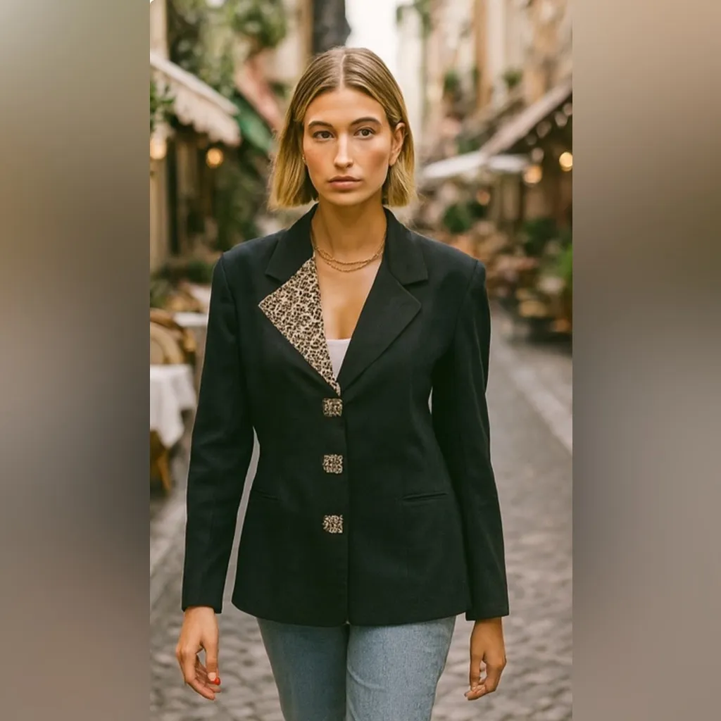 Vintage 80s Virgo II Asymmetric Leopard Collar Cropped Jacket Fall 12 Black - Image 7