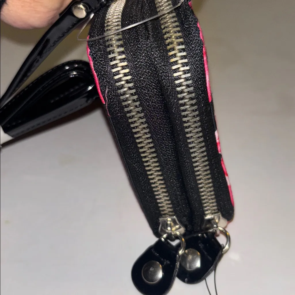 SR SQUARED BRAND NYLON WALLET ROSE DESIGN DOUBLE ZIP CLOSURE REMOVABLE STRAP Pink - Image 5