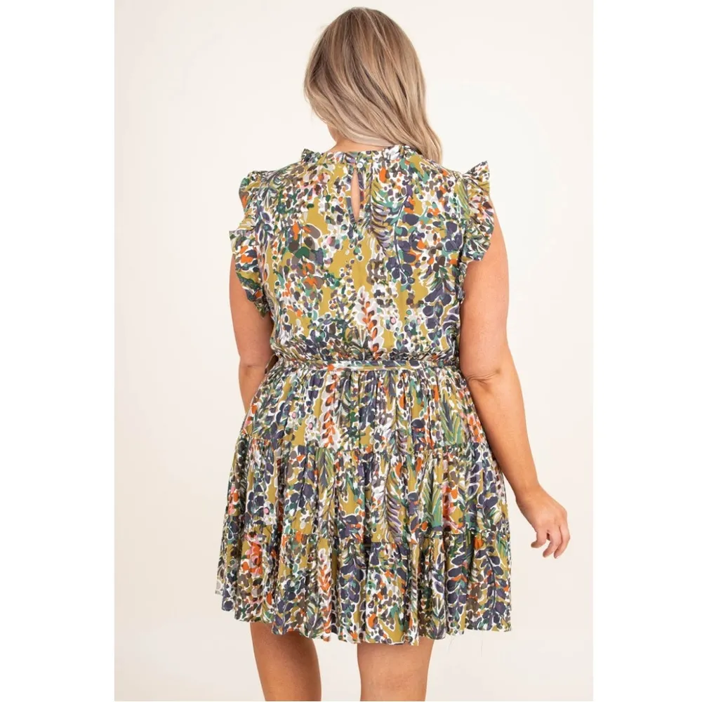 Jodifl Floral Mini Dress Sz 1X Ruffle Tiered Belted Waist Earthy Boho - Image 2