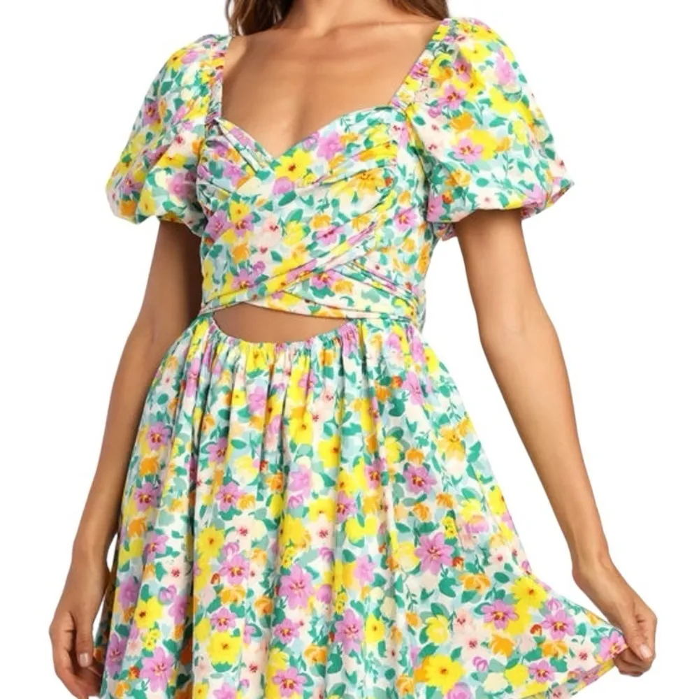 Lulus Attract Attention Multi Floral Puff Sleeve Tie-Front Mini Dress milkmaid - Image 2