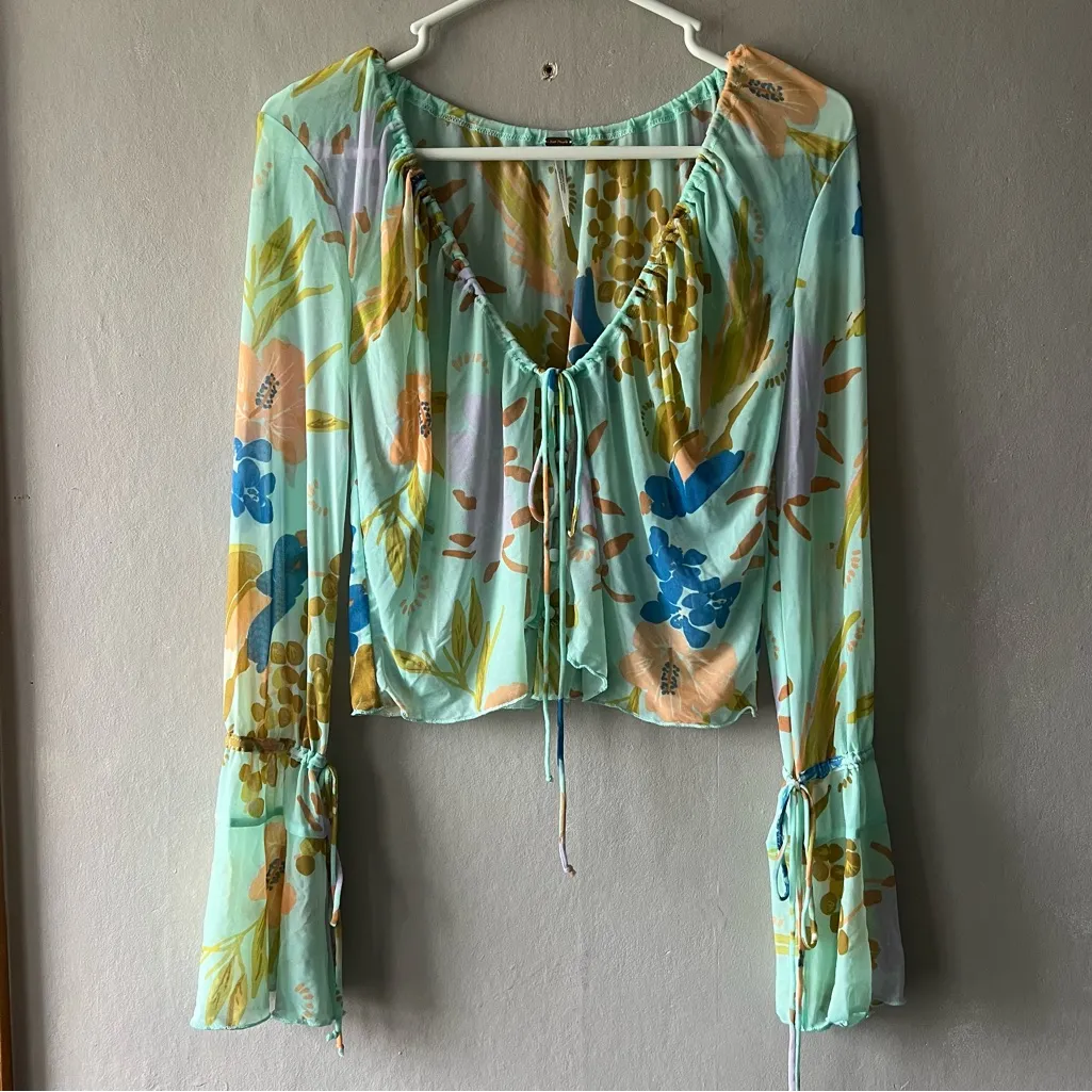 Free People Mint Combo Floral Print Of Paradise Tie Front Crop Top Size XS - Image 2