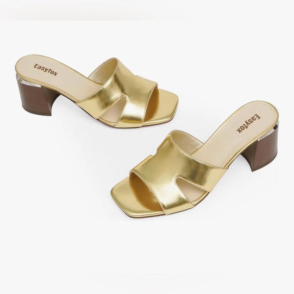 NEW Gold Vegan Leather Open Toe Heeled Mules Chunky Heel Sandals 6 - Image 6