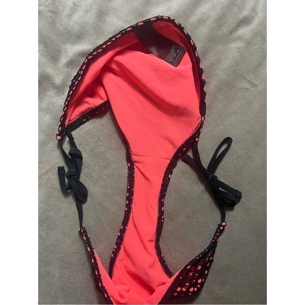 Topshop Black Fishnet Crochet Neon Coral Side Tie Bikini Bottoms Size 12 Large - Image 4