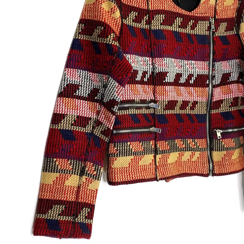 Maje Aztec Moto Jacquard Jacket Asymmetric Zip Front Sz 38 Medium Quiet Luxury - Image 6