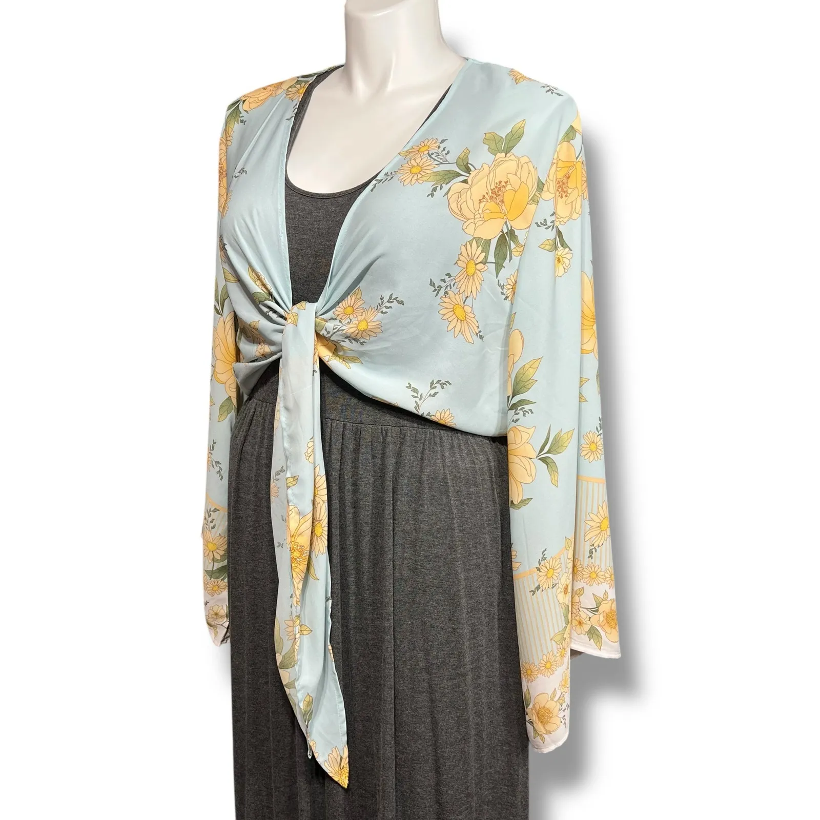 Rue+ Womens Bolero Shrug Crop Tie Front Kimono Sleeve Floral Yellow Blue 3X - Image 6