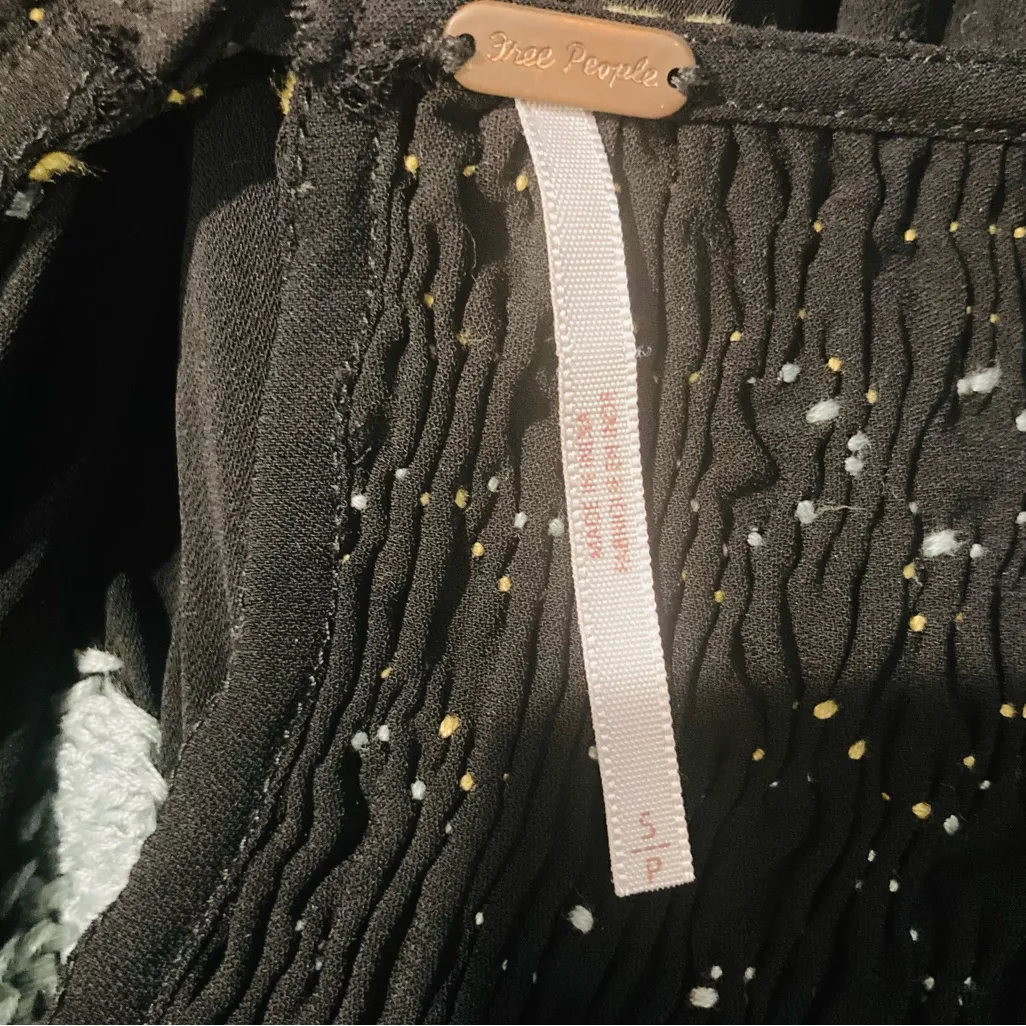 Free People black balloon sleeve mini dress w smocking blue & yellow stitching S - Image 5