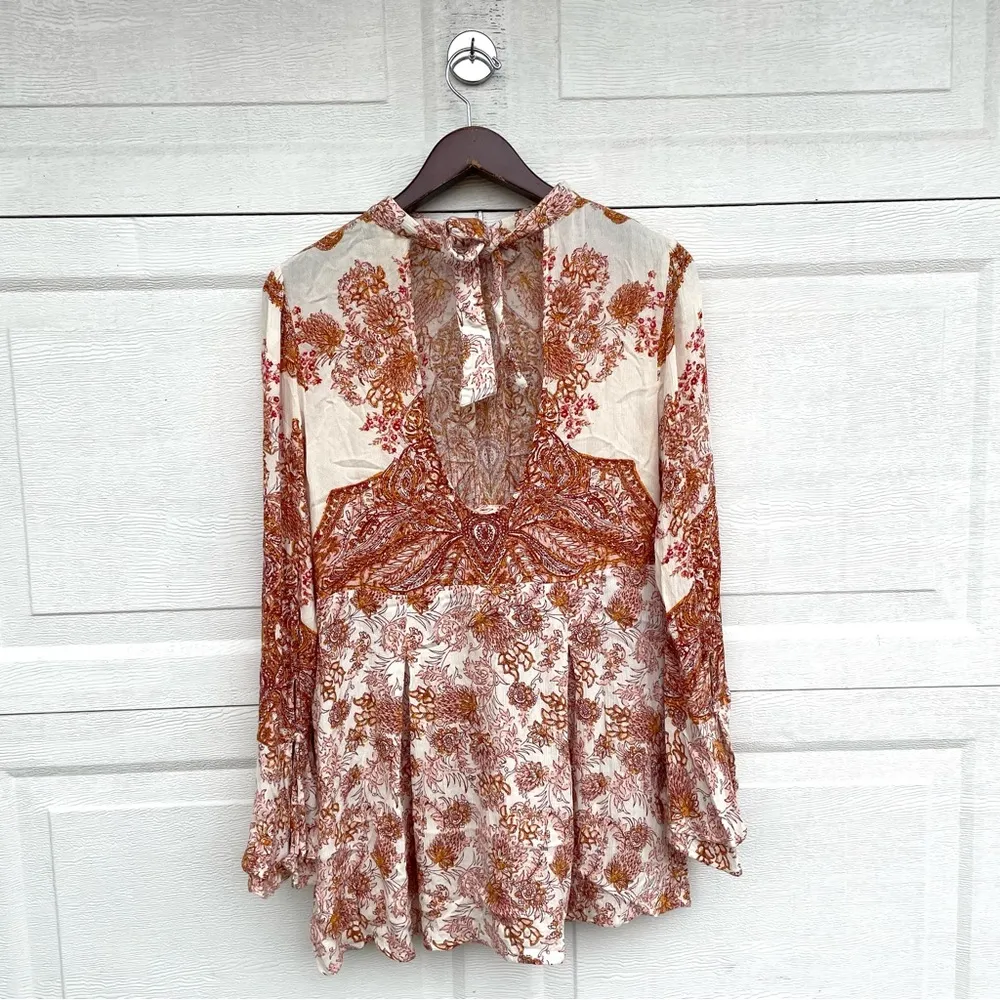 Free People Womens Dress Tunic Lady Luck Liberty Floral Tie Neck Medium - Image 4