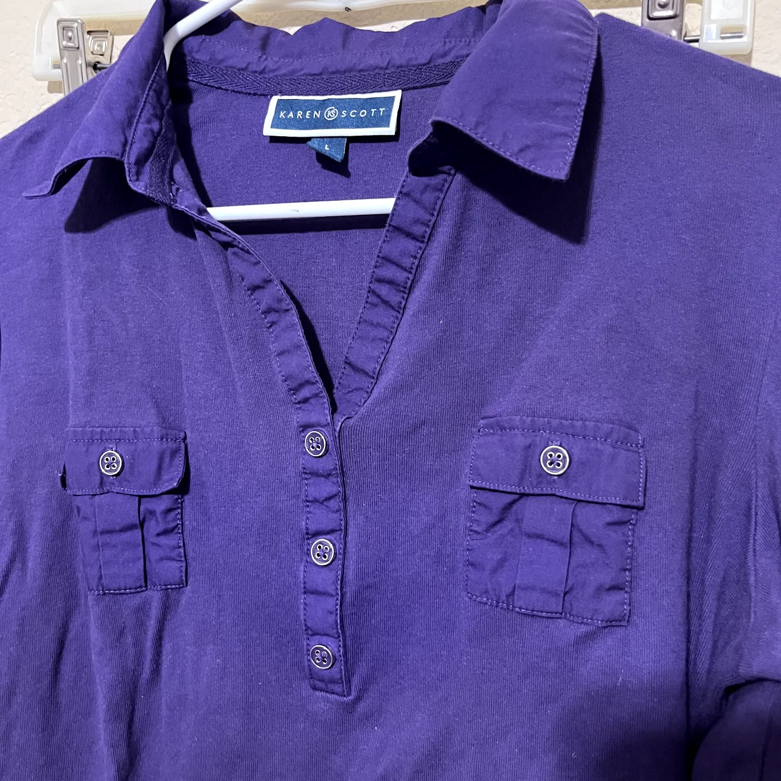 Karen Scott Purple Top Henley Roll tab Blouse Shirt womens sz Large stretchy - Image 2