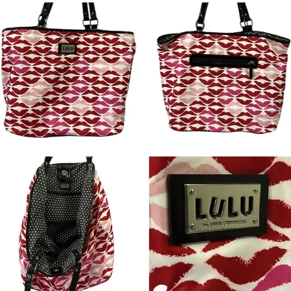 LULU Guinness with Red Pink Lips Kisses Tote Bag Shoulder Bag 14 x 13 x 5.5 inch - Image 2