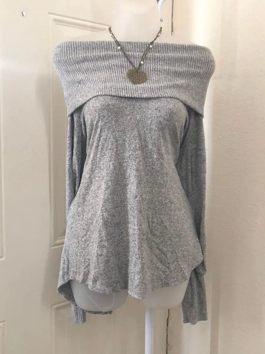 Grey off over the shoulder sweater shirt top blouse-L - Image 3