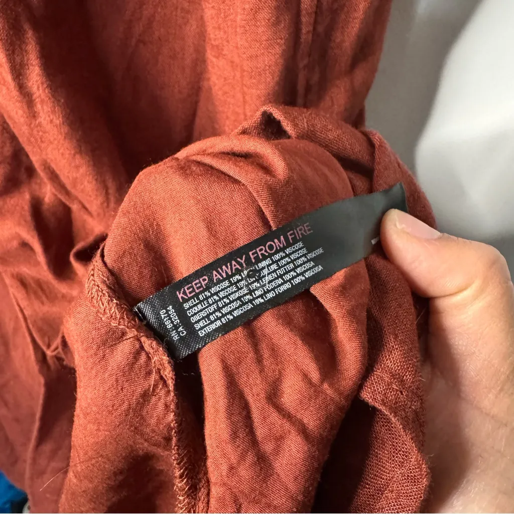 Free People NEW Vintage Summer Linen Blend Midi Button Dress Burnt Orange Brown - Image 10