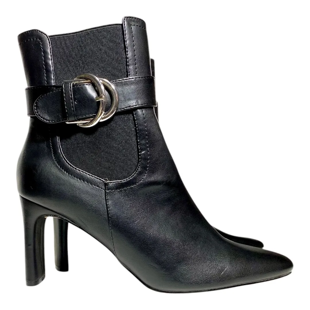 NY&C Women’s Size 9 Black Vegan Leather Double Block Heel Boots Silver Buckle - Image 2