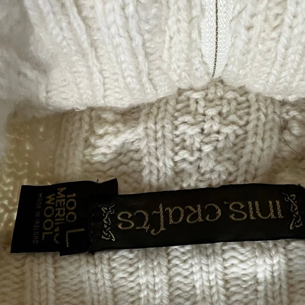 Inis Crafts Ireland Merino Wool Fisherman Cable Knit Zip Sweater Cream Small - Image 6