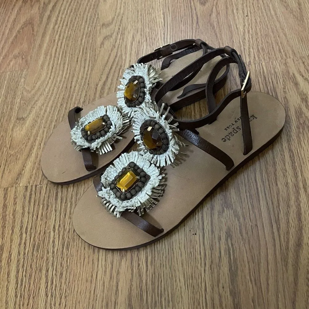 NEW! Kate Spade New york brown fringe rhinestone leather strappy sandals 6.5 - Image 3