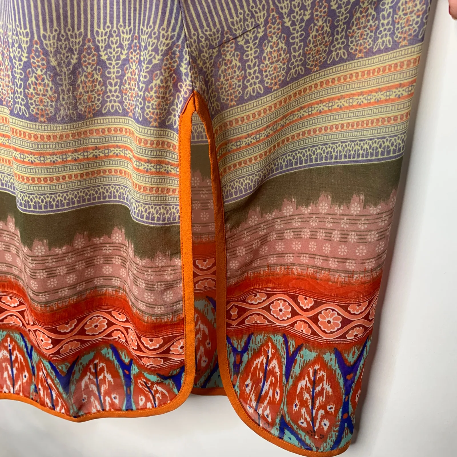 Sheer Bright Tunic Tribal Pattern Embroidered Collar Sz Small Orange - Image 8
