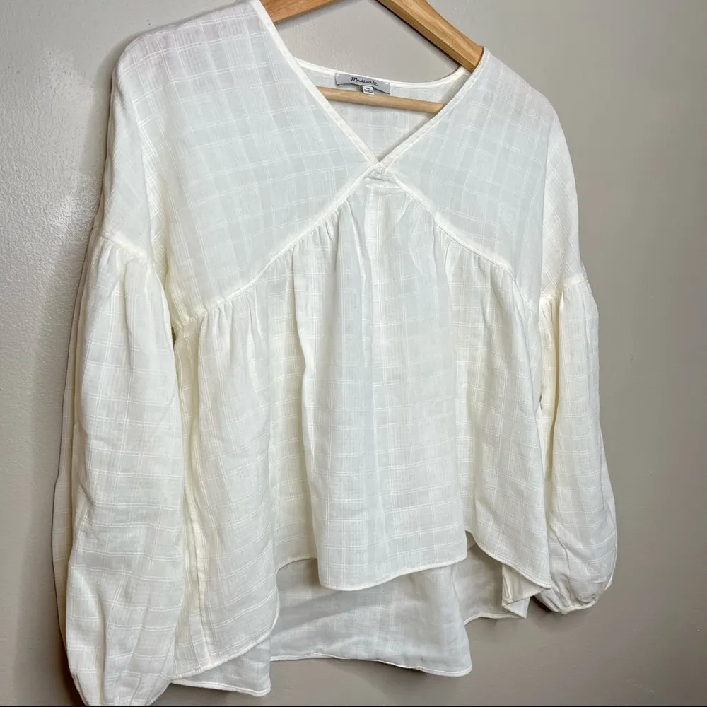 Madewell White Vneck Cropped Blouse Long Balloon Sleeves Size XS - Image 2