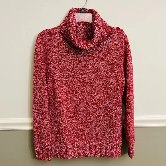 Red White Turtleneck Button Ribbed Marled Sweater Size Medium - Image 2