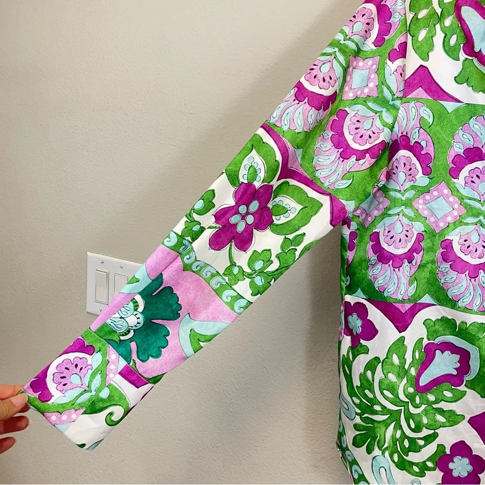 MANGO‎ Italian Fabric Floral Satin Relaxed Button Up Shirt Green Size 4 - Image 4