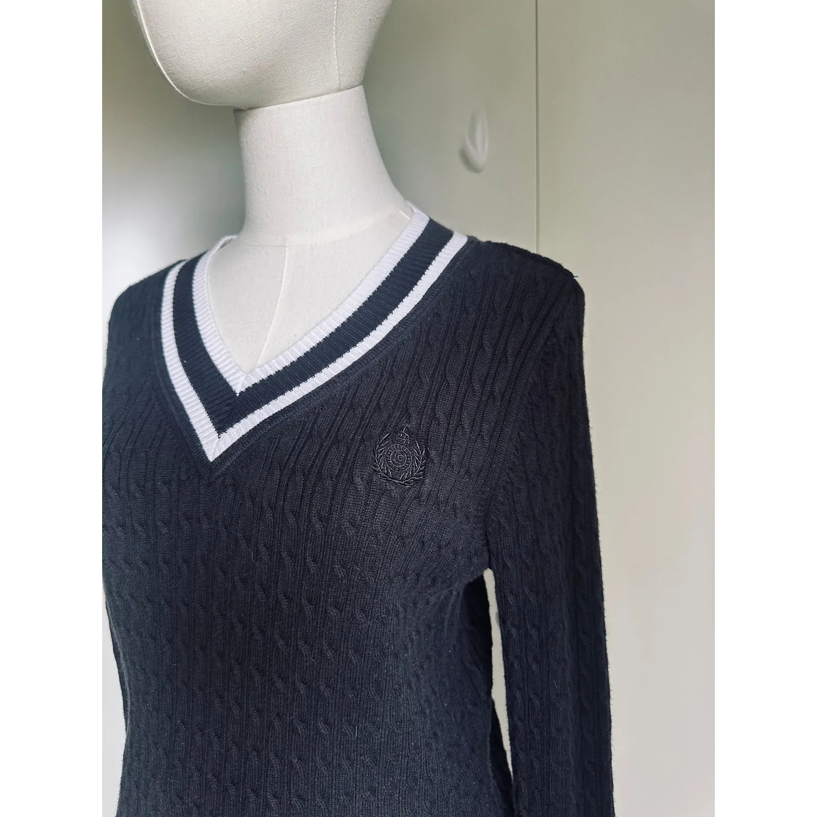 Liz Claiborne Cotton Cableknit Tennis Sweater V neck Black White SZ M Twee Prep - Image 4