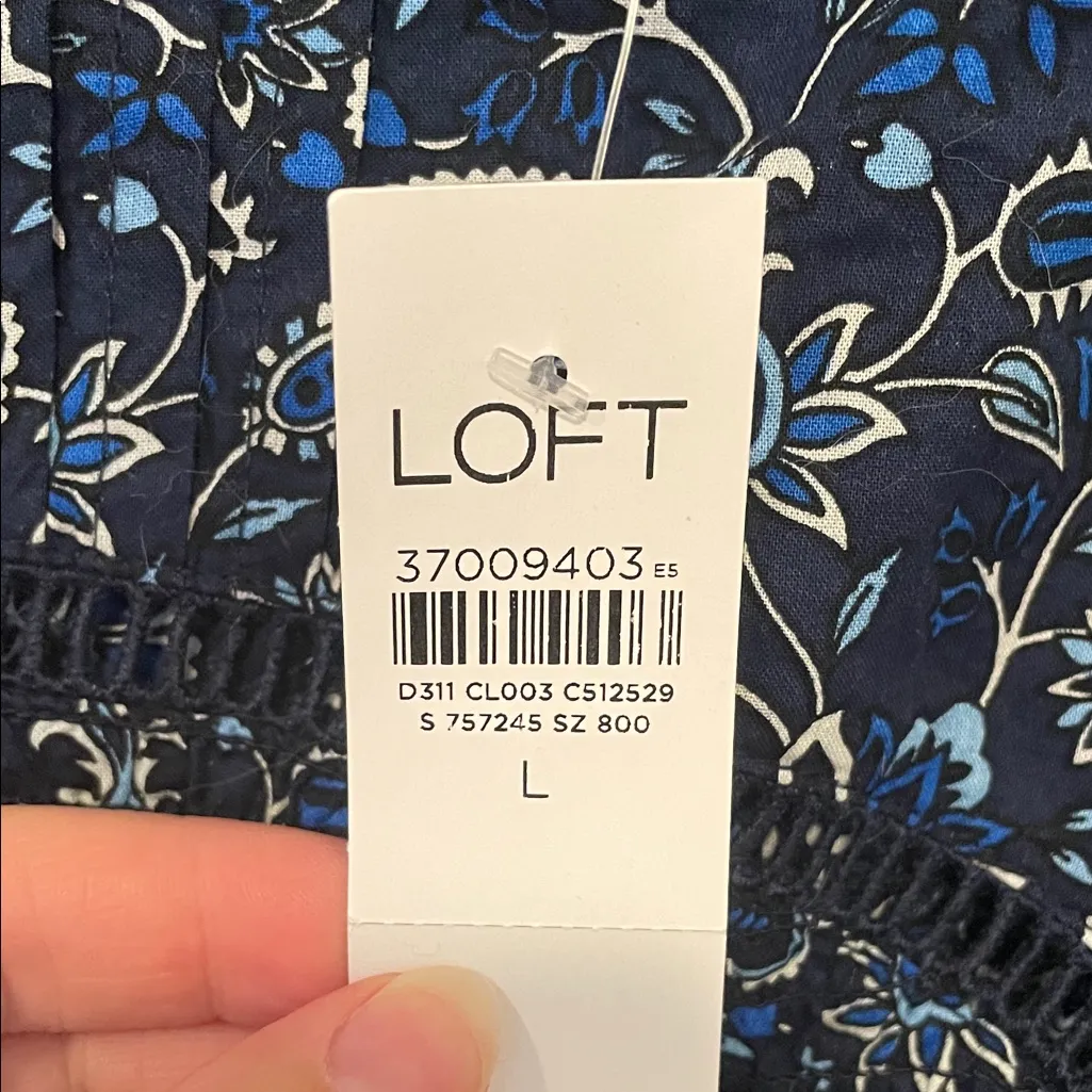 LOFT Dark Blue Floral Patterned Long Sleeve Blouse | Large NWT - Image 2