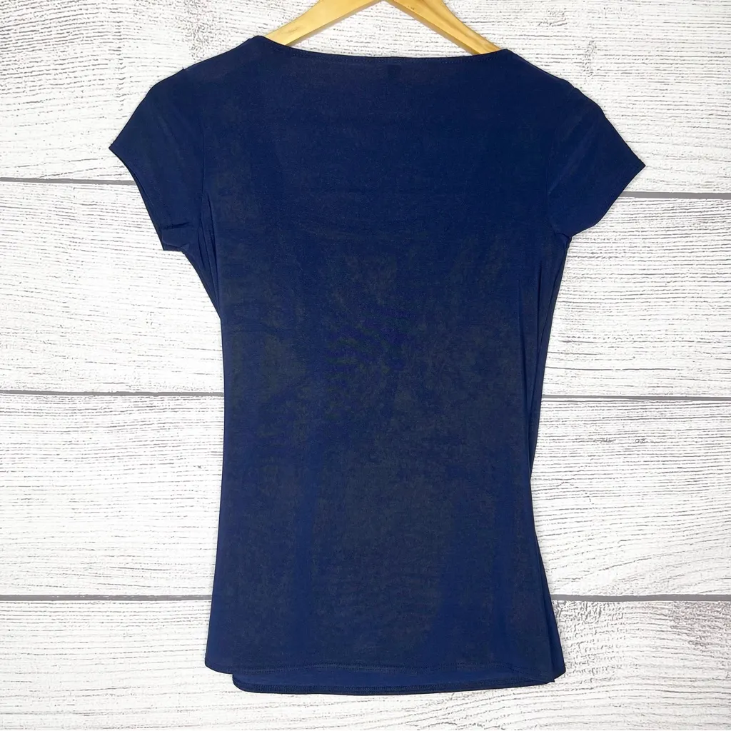 Jason Maxwell Navy Blue Draped Blouse Top with Silver Accent Size Small - Image 6