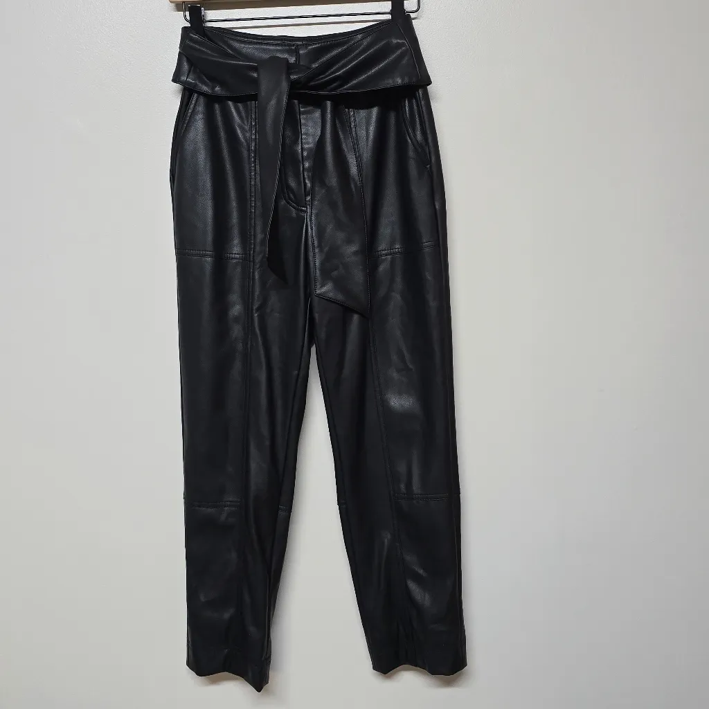 JONATHAN SIMKHAI Tessa Black Vegan Leather Tie‎ Waist Cropped Pant Size 4 Moto - Image 4