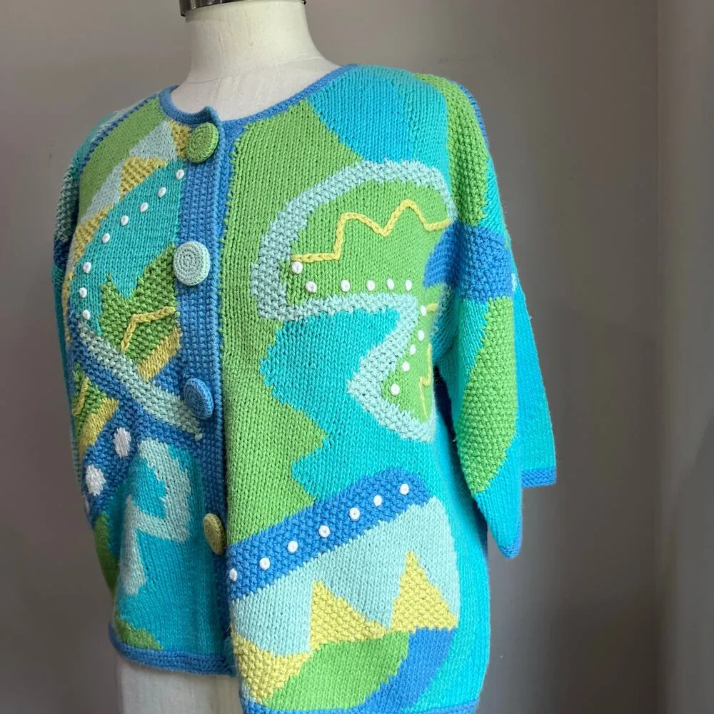 Segrets Sun Prints Knit by Hand Sweater Vintage Color Blocking Sweater Sz M Blue Size M - Image 4