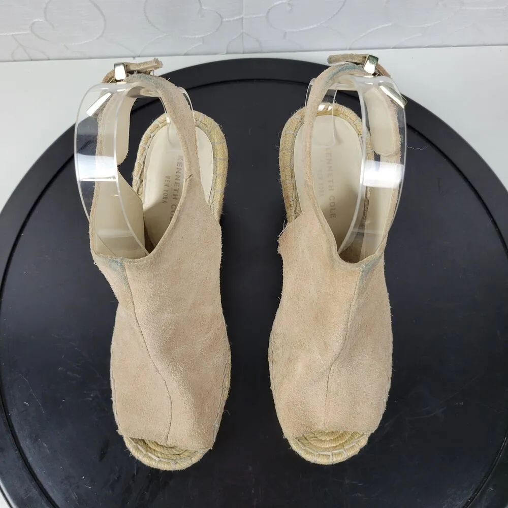 Kenneth Cole NY Odette Womens Sandals Size 7 Tan Suede Peep Toe Wedge Espadrille - Image 9