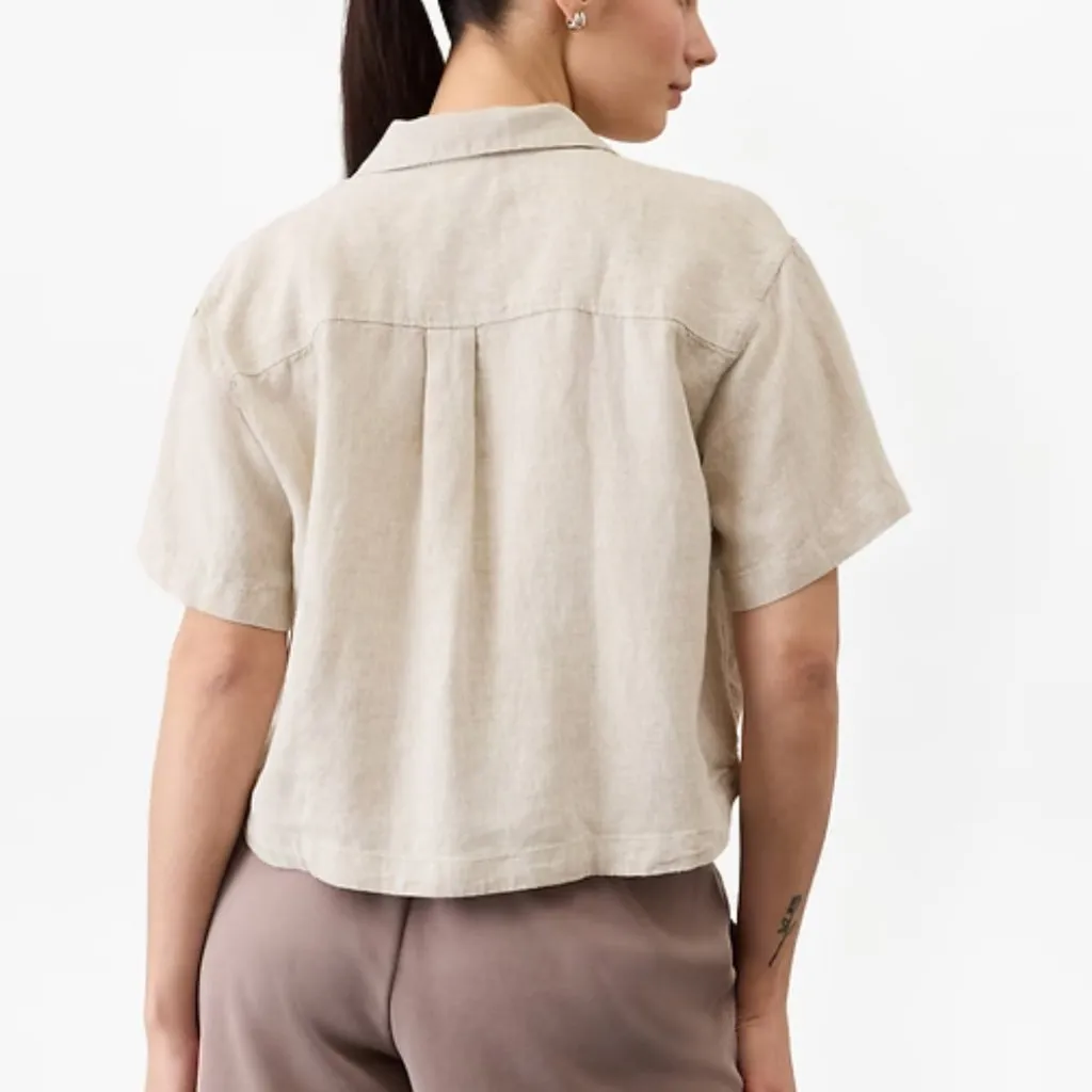 Athleta Retreat Linen Short Sleeve Button-Down Shirt Crop Beige Tan Undyed S - Image 2