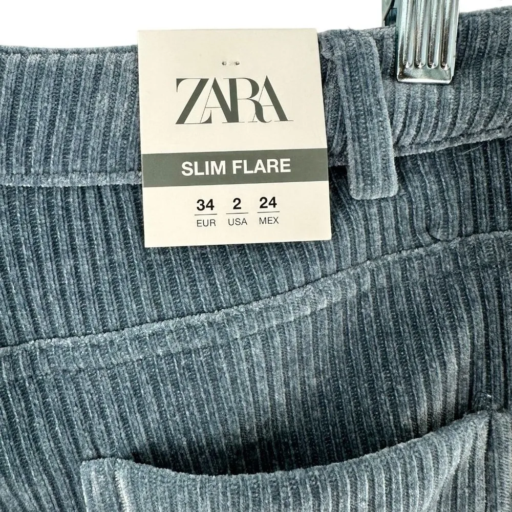 NEW Zara Vintage Style Retro Blue Corduroy Slim Flare Pants Size 2/34 - Image 6