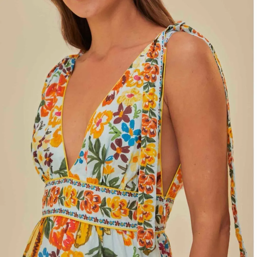 Farm Rio Blue Spring Bananas Midi Dress Size Large Tropical Vacation Casual - Image 10