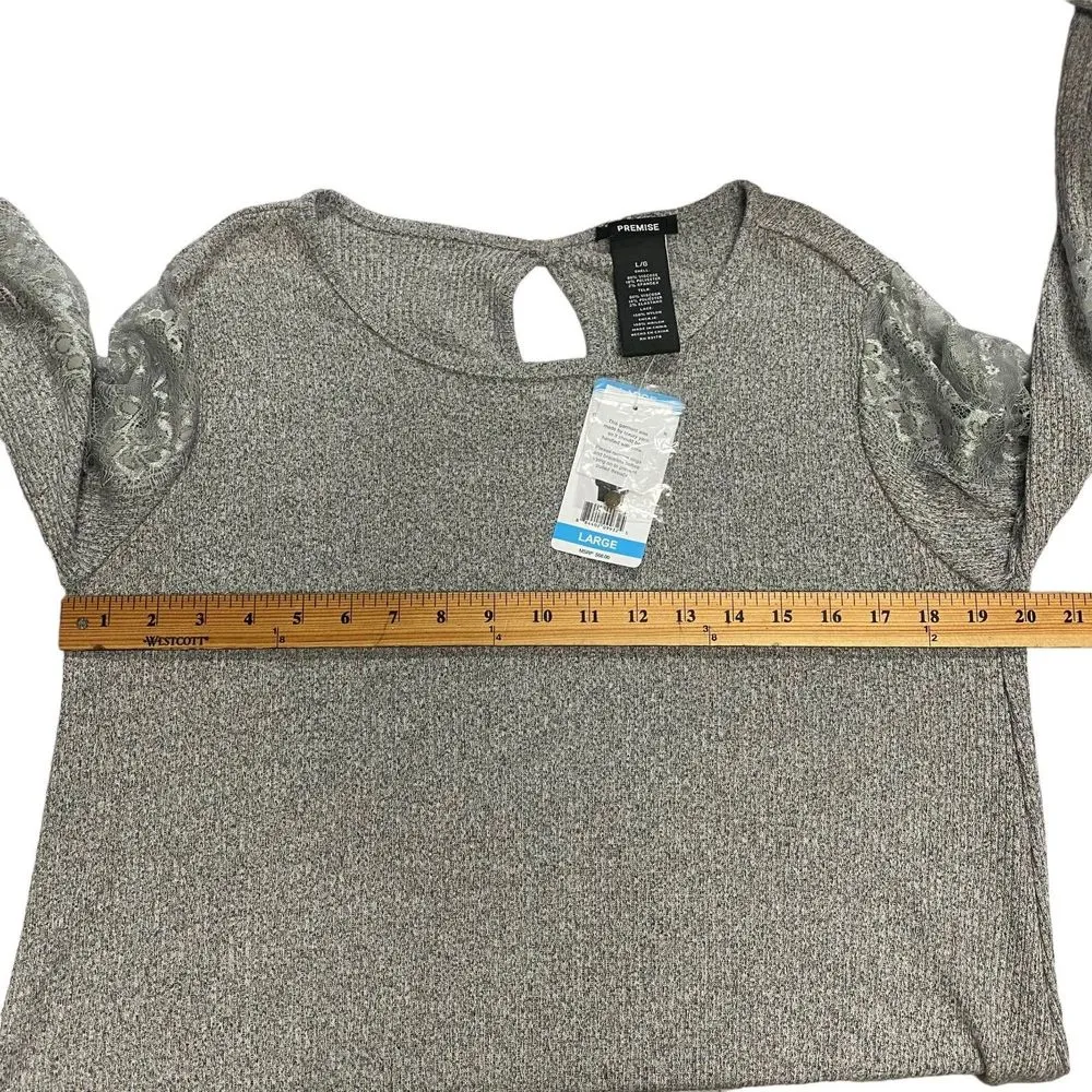 Premise Womens Large Heather Grey Ribbed Shark Bite Hem Lace Sleeve Pullover Top - Image 10