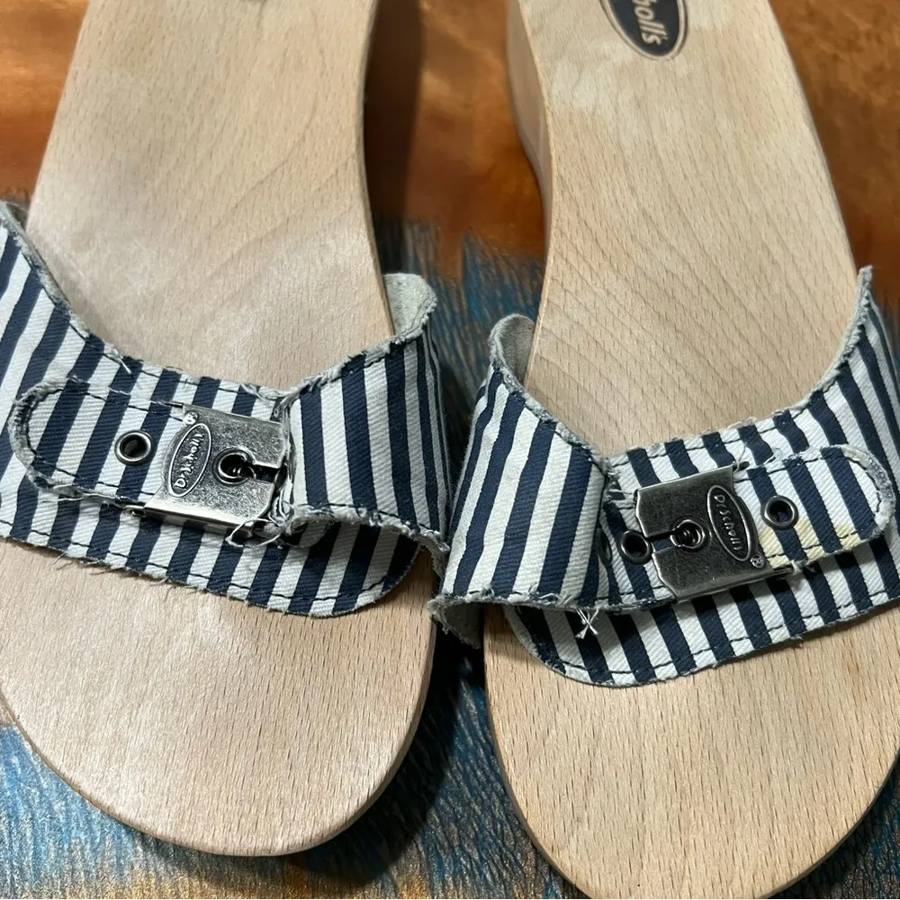 VTG Dr. Scholl's Striped Strap Sandals wooded clog Navy White size 9 - Image 3